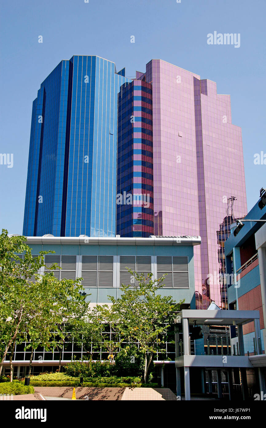 Rosa e blu grattacieli,hong kong Foto Stock