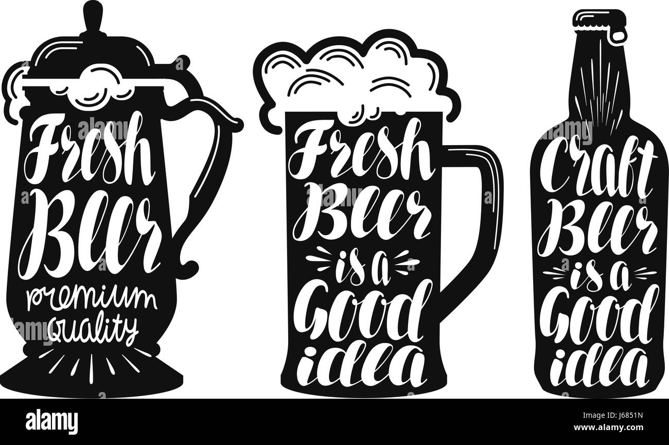 La birra ale set di etichette. La birra, bevanda, mug, bottiglia Icona o simbolo. Lettere manoscritte illustrazione vettoriale Illustrazione Vettoriale