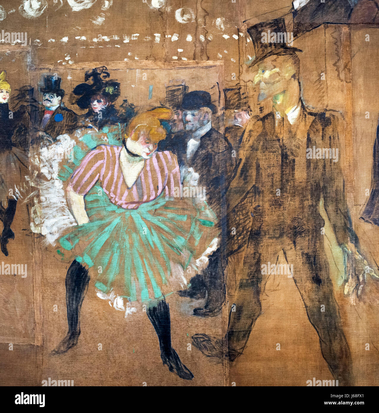 Pittura di Toulouse-Lautrec. 'La Danse au Moulin Rouge" (Danza al Moulin Rouge) da Henri de Toulouse-Lautrec (1864-1901), olio su tela, 1895. La pittura è anche noto come 'La Goulue et Valentin le Désossé'. Dettaglio di un dipinto di grandi dimensioni, J68FWY. Foto Stock