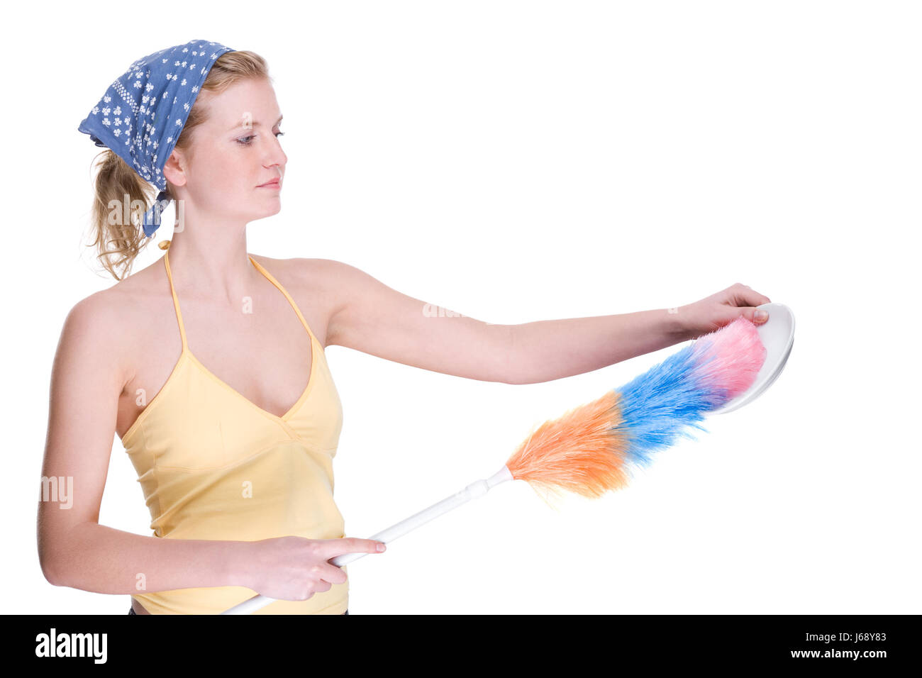 Donna casalinga fazzoletto di polvere pulire un piumino donna blue