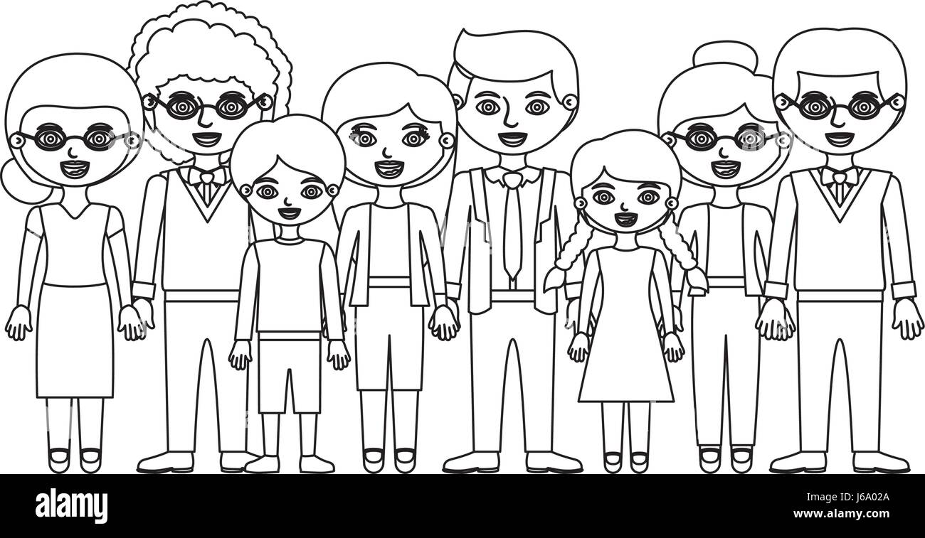 Silhouette monocromatiche con gruppo di famiglia con abiti informali e alcuni adulti con gli occhiali e un uomo con capelli ricci Illustrazione Vettoriale