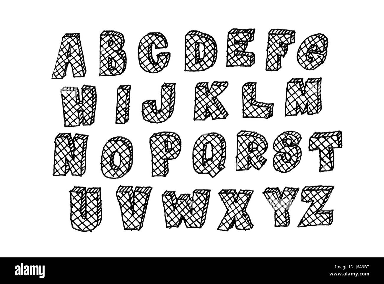 Disegnata a mano abc, doodle stile. Lettere nere su sfondo bianco, schizzo illustrazione Foto Stock