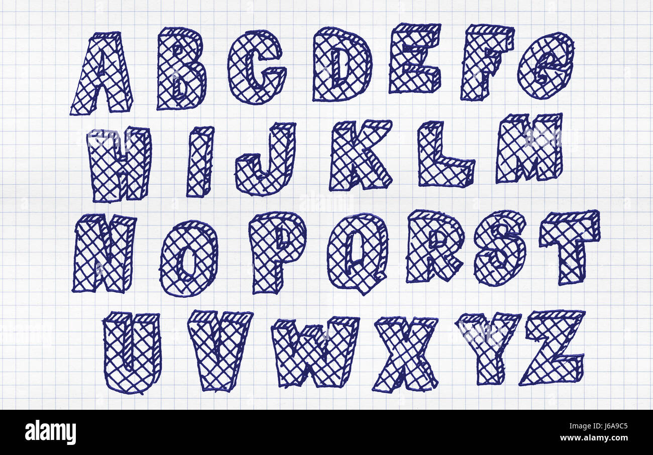 Disegnato a mano abc volumetrico con tratteggio incrociato, doodle stile. Lettere blu su bianco carta quadrettata sfondo, schizzo illustrazione Foto Stock