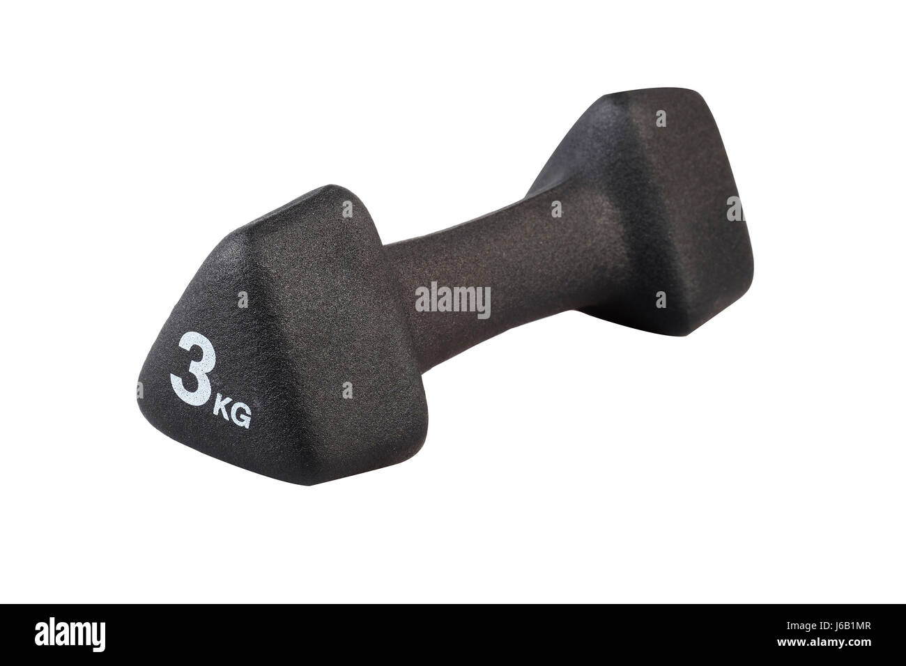 3 kg di gomma scuro anabbaglianti dumbbell, messa a fuoco selettiva con percorsi di lavoro, i tracciati di ritaglio incluso. Foto Stock