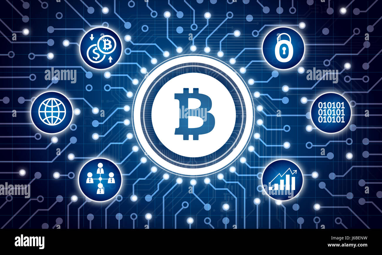Blockchain , cryptocurrencies , bitcoin concetto. Circuito elettrico e grafica ed infografico della catena di blocco , network connect , sicurezza , codificato in binario i Foto Stock