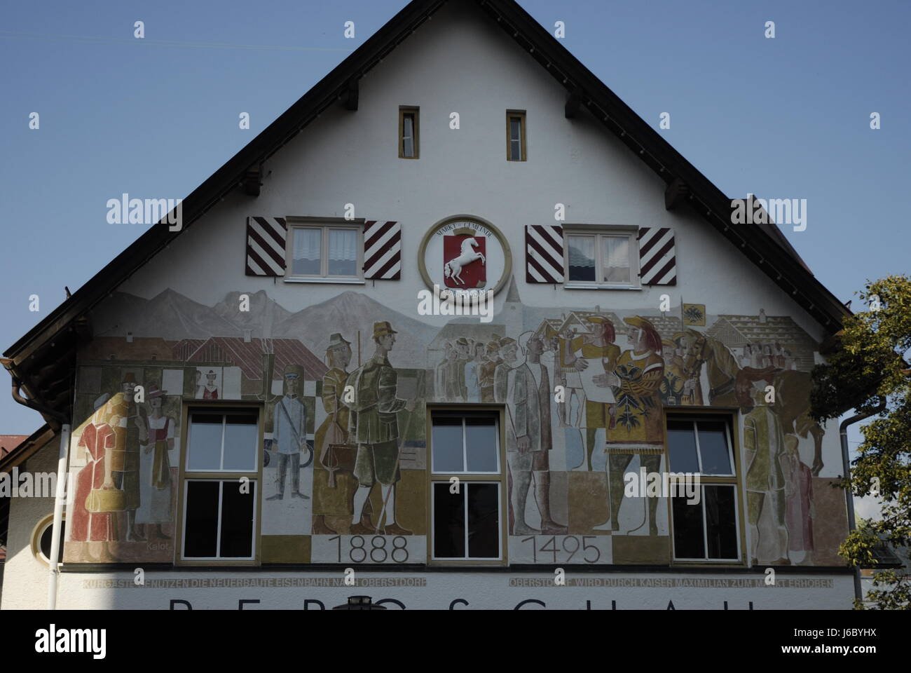 Costruzione casa pittura storica municipio facciata allgu house building Foto Stock