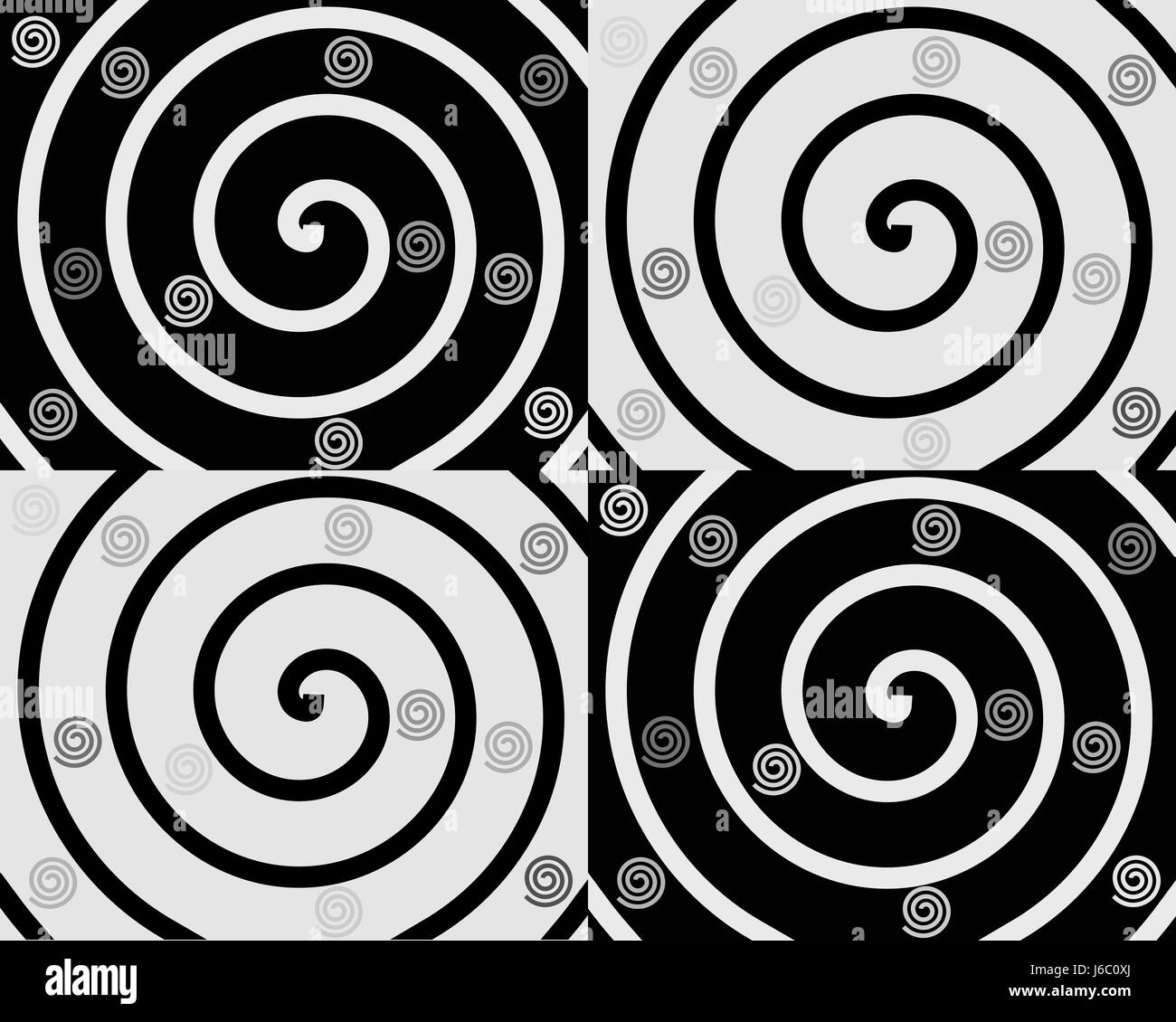 Spirali sul nero e sfondo bianco Foto Stock