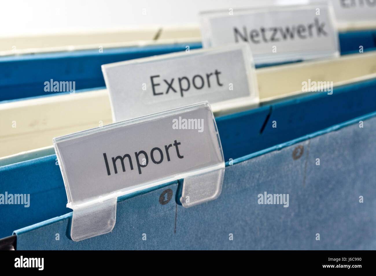 Importazione Esportazione tasca sospesa file blu cliente networking deposito di partenariato Foto Stock