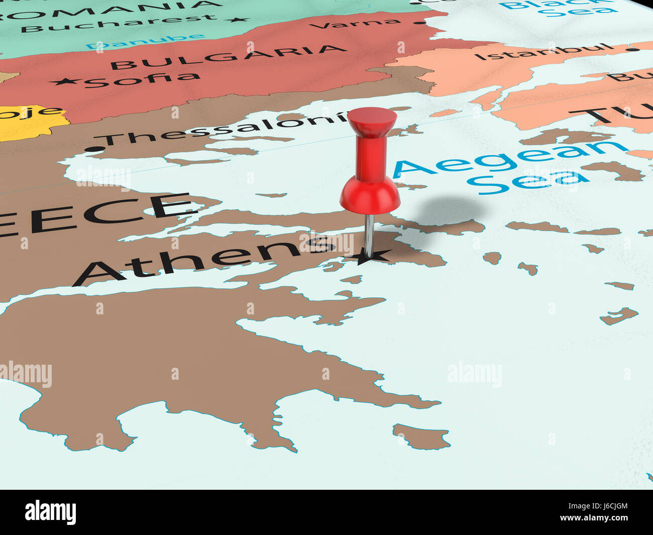 La puntina sulla mappa di Atene sfondo. 3d'illustrazione. Foto Stock