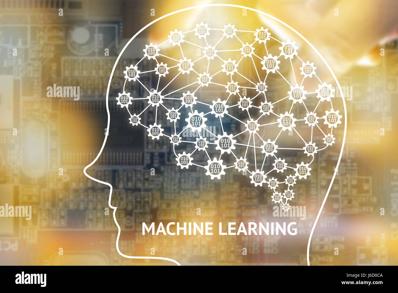 Apprendimento della macchina e intelligenza artificiale concetto. Robot cervello con codifica binaria gli ingranaggi di collegamento macchina e testo di apprendimento. Abstract circ elettrico Foto Stock
