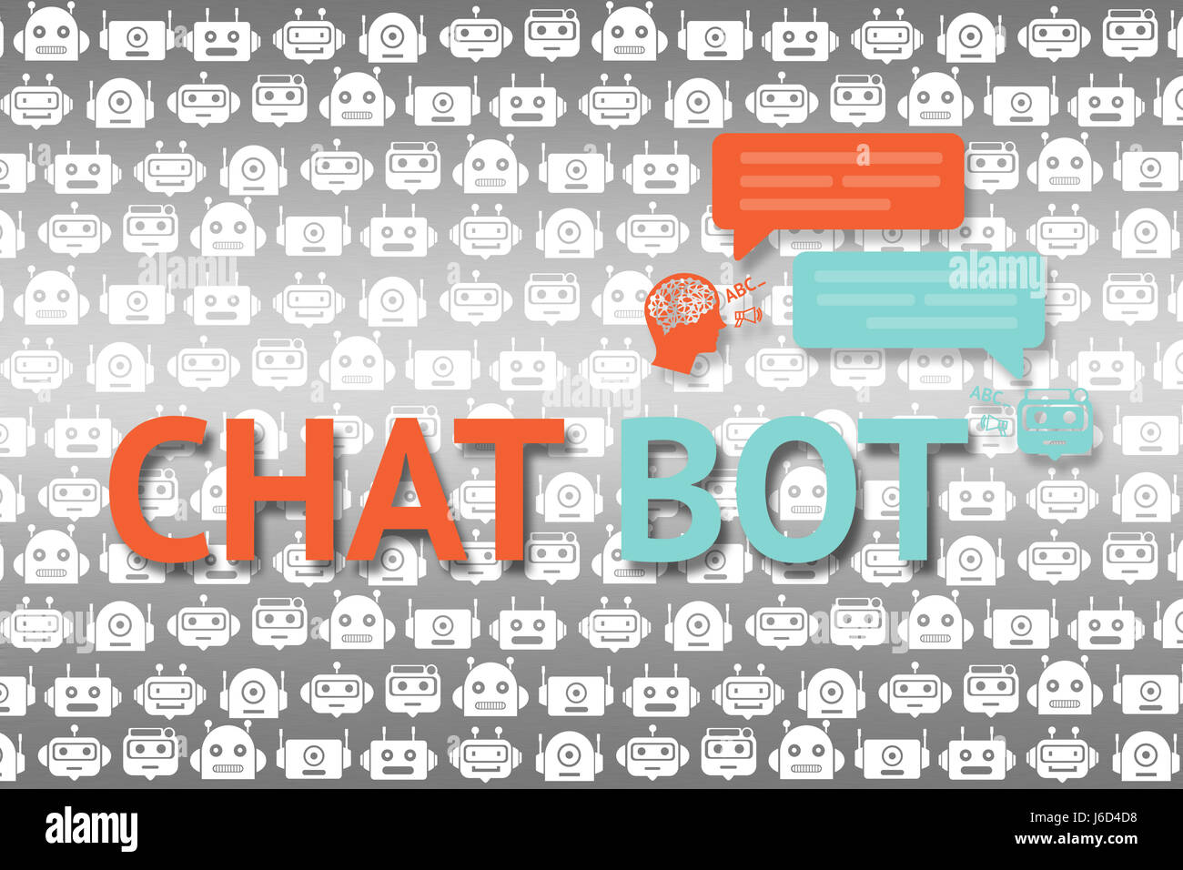 Chat bot , Robo ovunque e futuro concetto di commercializzazione. Infografico Chatbot e testo con robot grafica di sfondo in alluminio. Foto Stock