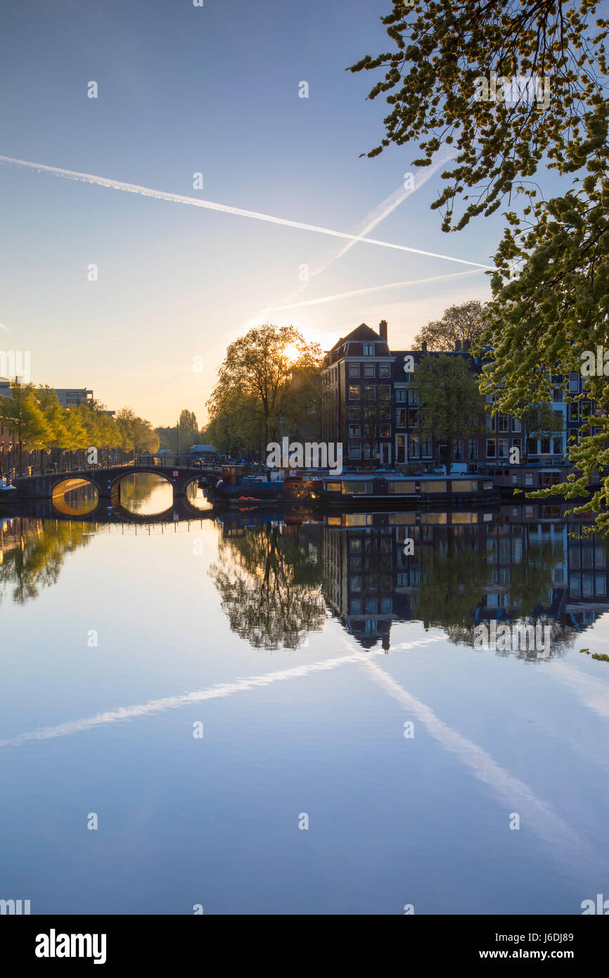 Fiume Amstel all'alba, Amsterdam, Paesi Bassi Foto Stock