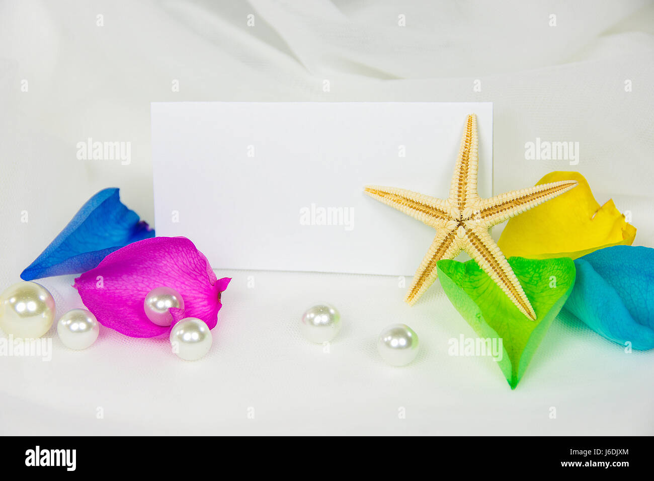 Starfish e perle su tulle bianco con rainbow petali di rosa e la scheda vuota Foto Stock