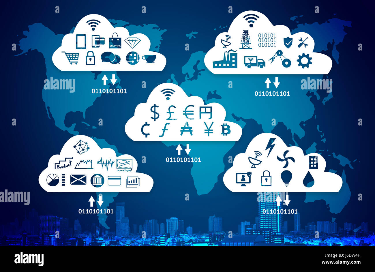 Cyber sistemi fisici (CPS) Concetto di immagine, varie informazioni per caricare su cloud e dati analitici download al mondo reale, Cloud Computing, Internet Foto Stock