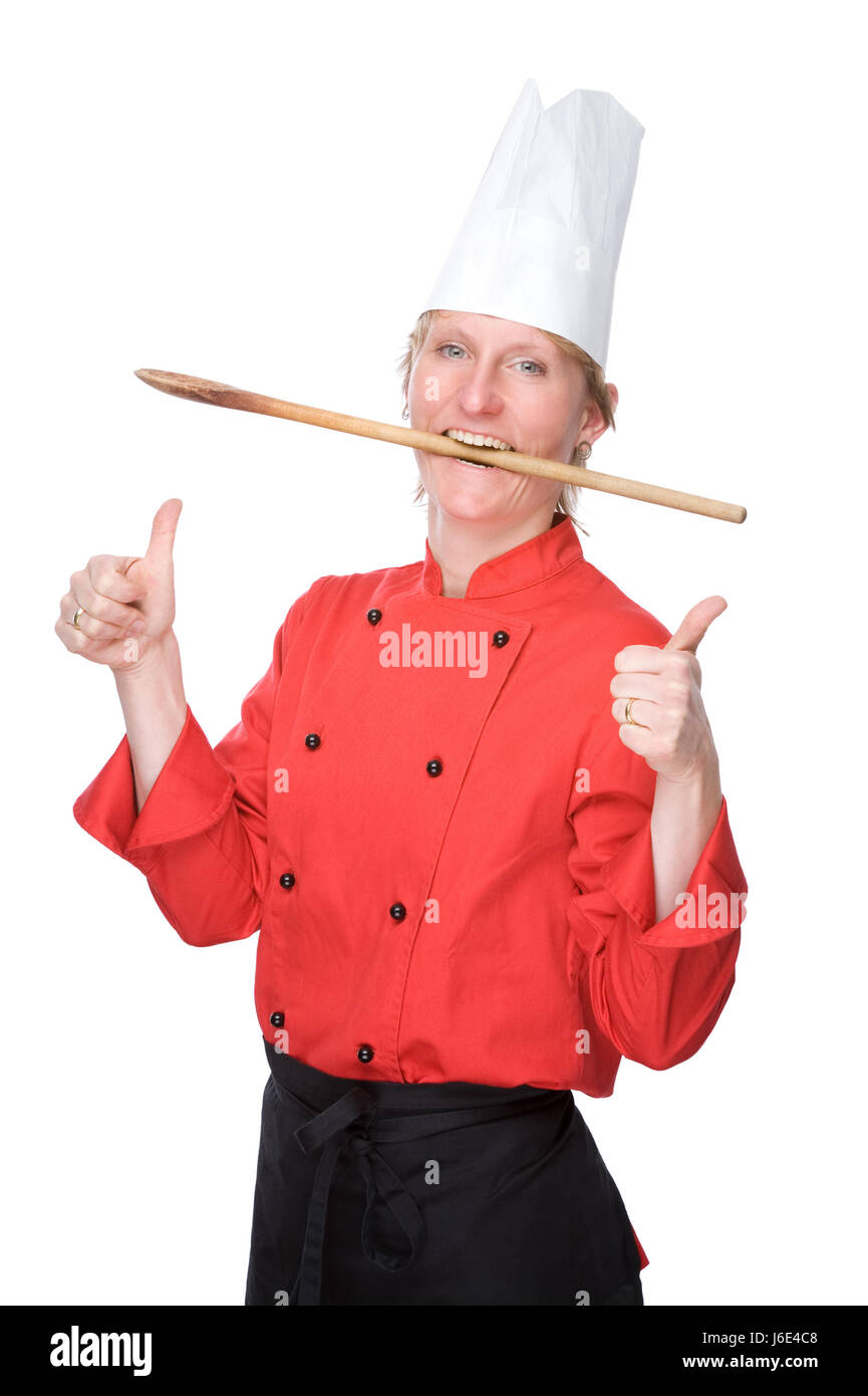 Donna Uomo gastronomia cuoco cap cucchiaio di legno smock donna ristorante ridere Foto Stock