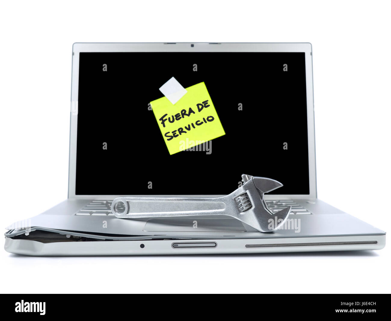 Nota memo laptop notebook computer computer posto fuori servizio danneggiato vicino Foto Stock