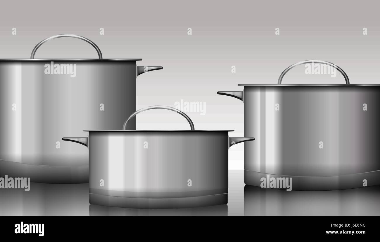 Gruppo di acciaio inossidabile stoviglie isolato su bianco. Illustrazione Vettoriale. Illustrazione Vettoriale