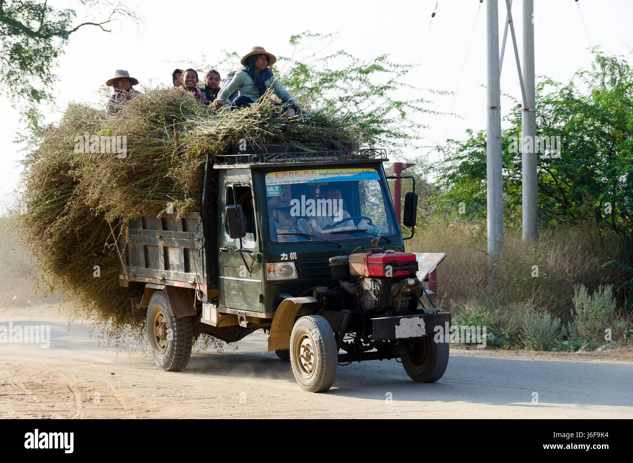 Persone a cavallo sulla cima di una piccola carrello esposto con motore diesel, caricato con il fieno, Bagan, Myanmar Foto Stock