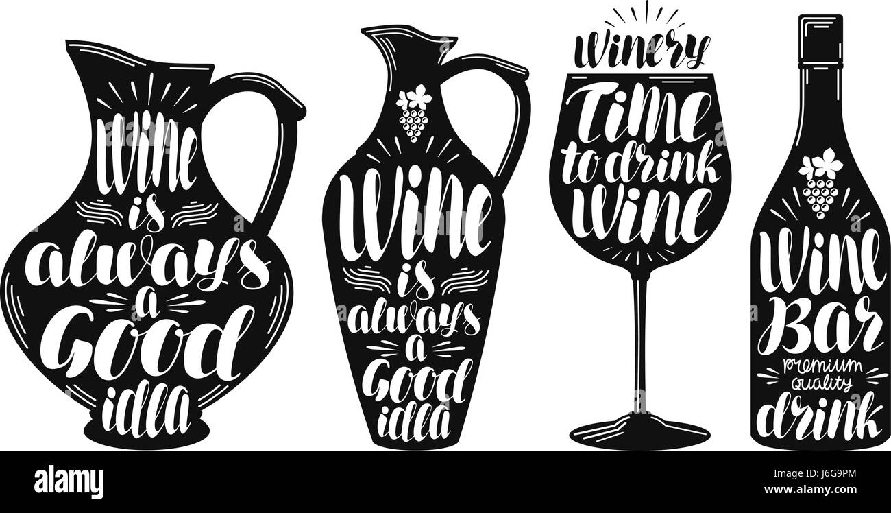 Vino Cantina, set di etichette. Raccolta di elementi decorativi per menu ristorante o bar. Lettering, calligrafia illustrazione vettoriale Illustrazione Vettoriale