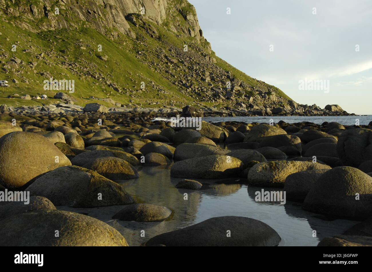 Spiaggia mare spiaggia mare Norvegia foundlings pietre di montagna estate verde Foto Stock