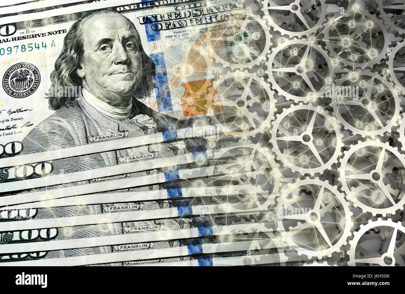 Fintech investimenti finanziari tecnologia Internet concetto. I popoli sull'icona Connetti con 100 US Dollar banconote e marce in background Foto Stock