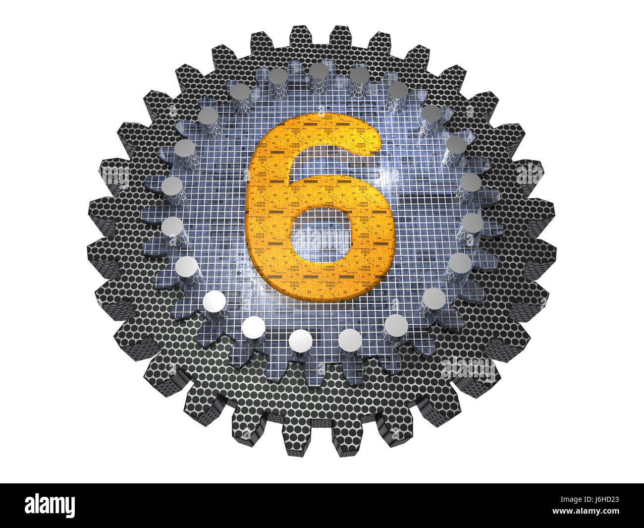 Segnale di segno ruota di metallo ruota dentata 6 Numero di carattere pittogramma Foto Stock