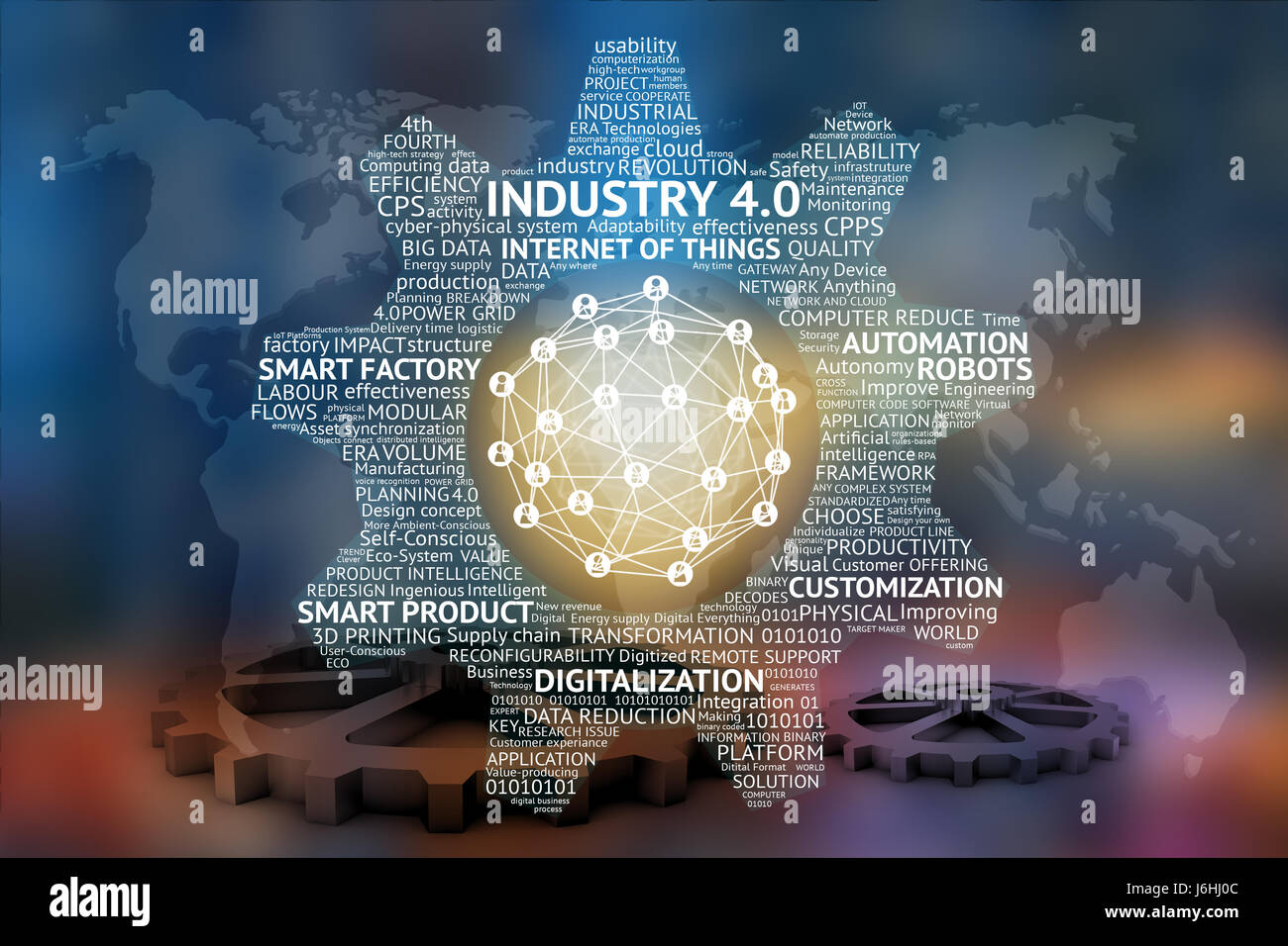 Industrial 4.0 Cyber sistemi fisici concetto , gli ingranaggi testo , Internet delle cose rete , smart soluzione di fabbrica , tecnologia di produzione , automati Foto Stock