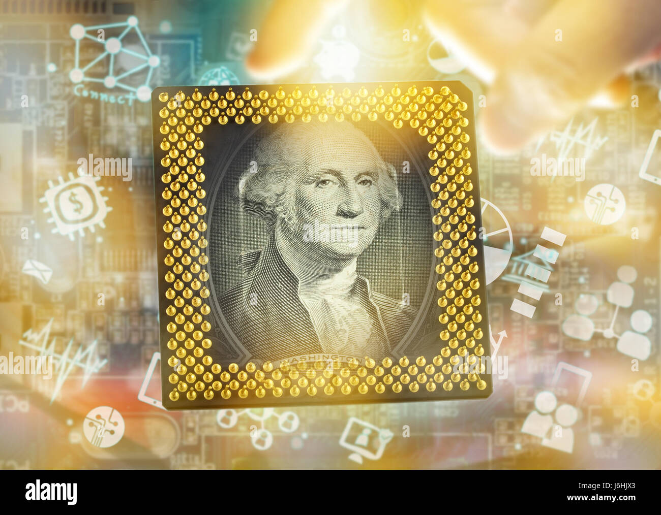 Fintech investimenti finanziari tecnologia Internet concetto. La CPU del computer , US dollar nota , computer mainboard , icona , dito e abstract sfondo , Foto Stock