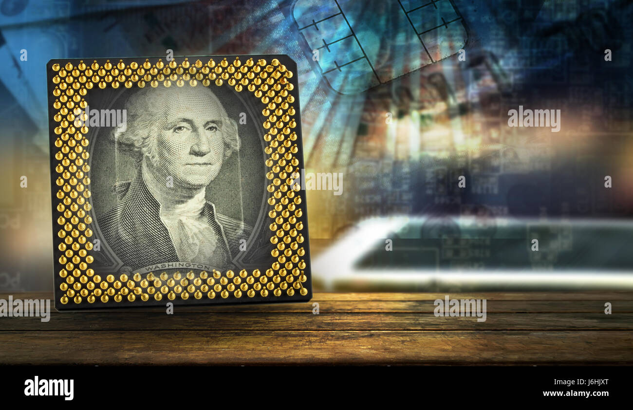 FINTECH Concetto di immagine.US dollar nota , cpu computer ,sfocato smart phone con sfocato carta di credito sfondo astratto sulla tavola di legno , spazio di copia Foto Stock