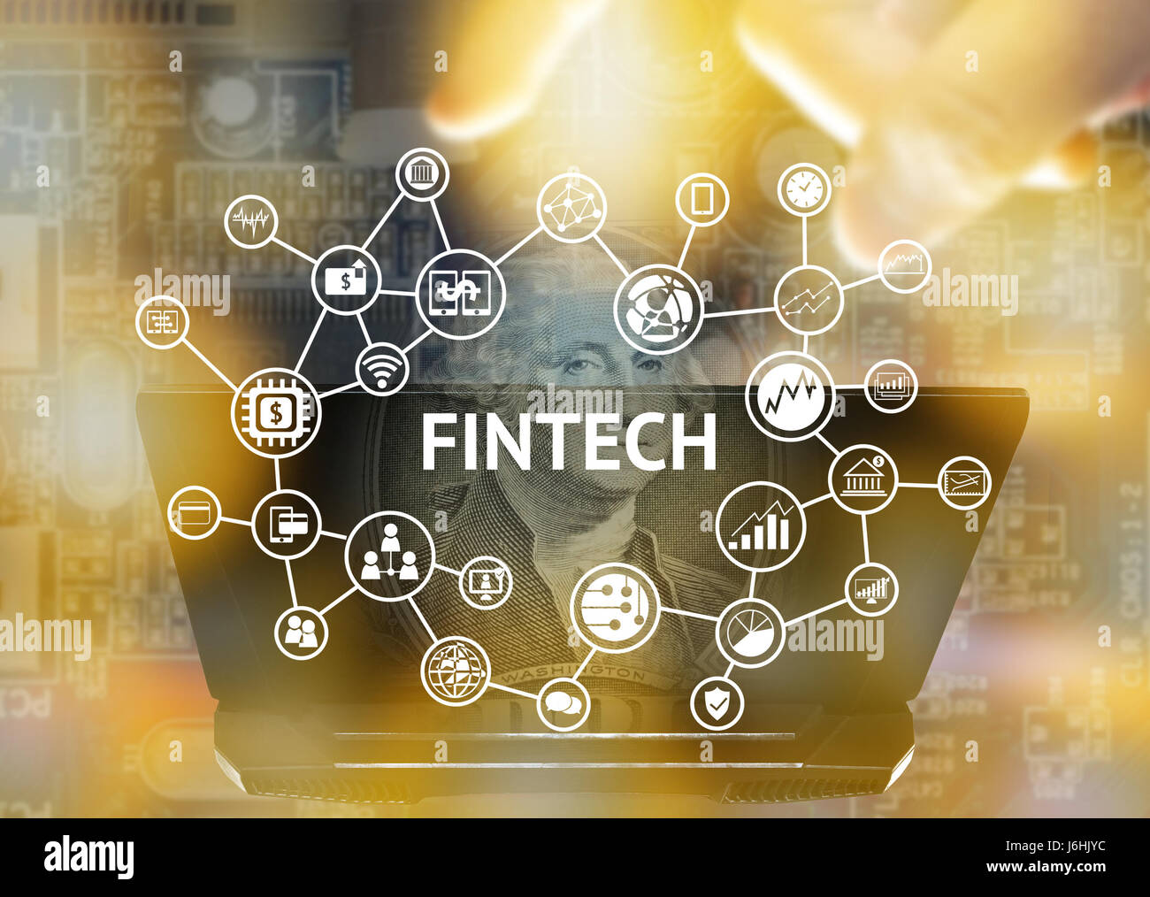 Fintech investimenti finanziari tecnologia Internet concetto. Tecnologia e Finanza , icona computer notebook , US dollar nota , dito sfocata e abstr Foto Stock
