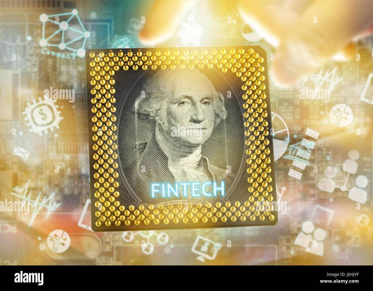 Fintech investimenti finanziari tecnologia Internet concetto. US dollar nota , computer cpu , dito , tecnologia e finanza icona con abstract electroni Foto Stock
