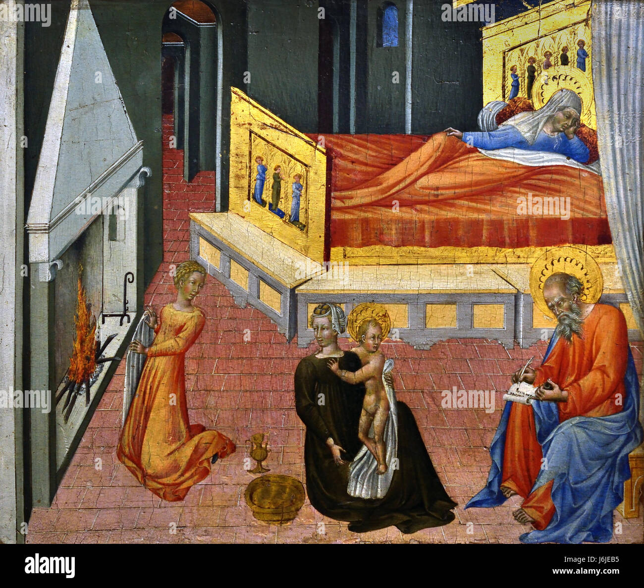 La nascita di San Giovanni Battista: Predella Panel 1454 Giovanni di Paolo 1417 - 1482 Italia italiano ( Santa Elisabetta, la madre di San Giovanni Battista, giace in un letto decorato con dipinti. Una levatrice detiene il neonato saint in primo piano, mentre un altro si asciuga con un asciugamano da fuoco. A destra San Zaccaria è seduto ) Foto Stock