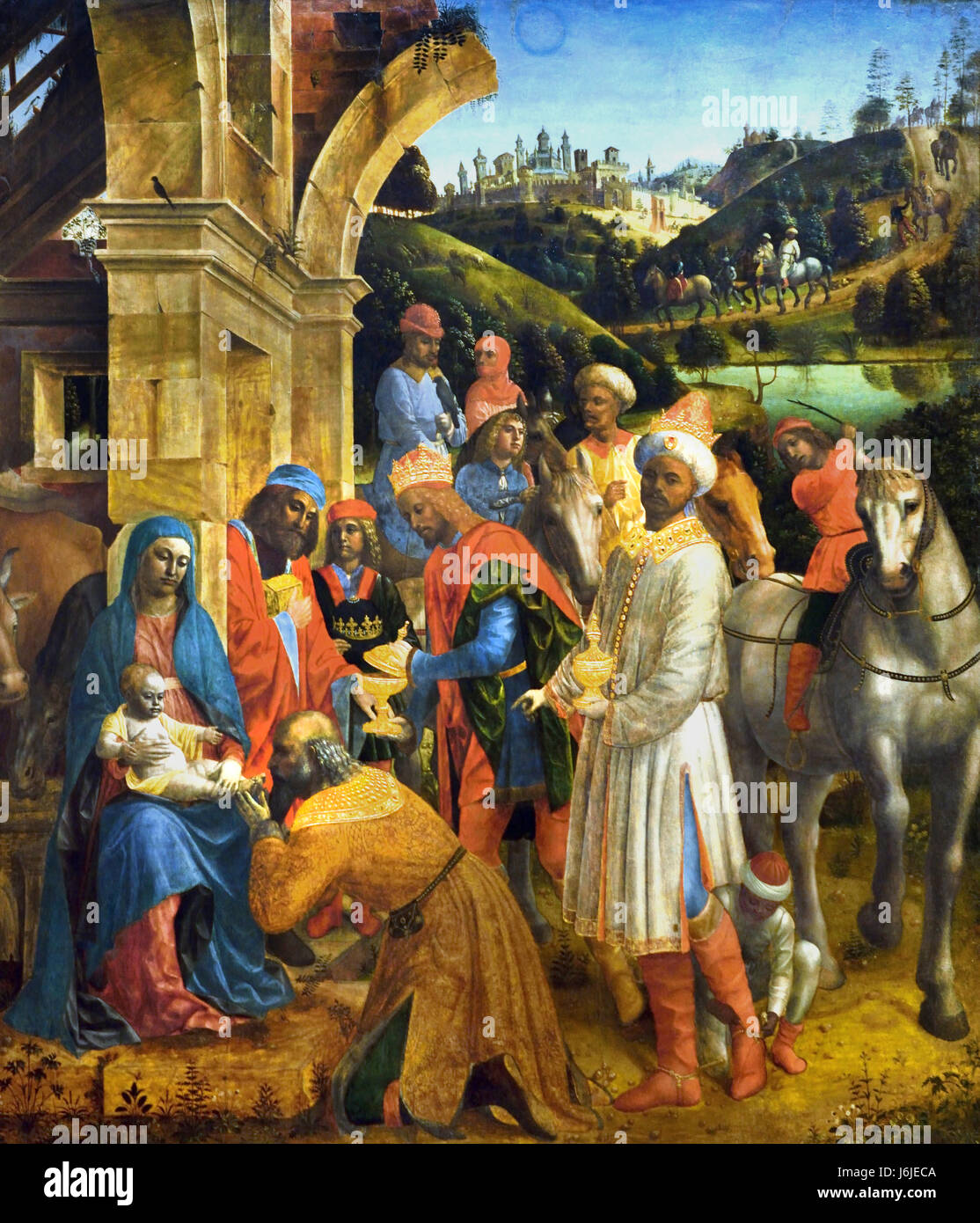 L'Adorazione dei Re 1500 Vincenzo Foppa 1456 - 1515/16 Italia Adorazione italiana dei Magi, Adorazione dei Re, Natività di Gesù tre Magi, rappresentata come re, dopo aver trovato Gesù seguendo una stella, gli poneva davanti doni d'oro, di incenso e di mirra, e lo adorava, Foto Stock