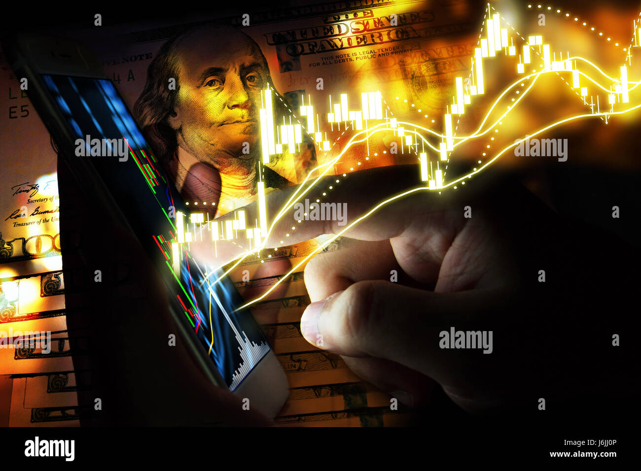 Grafico borsa , punto il dito per telefono cellulare con schermo bianco con sfondo astratto , Forex e mercato azionario trading tecnico concep Foto Stock