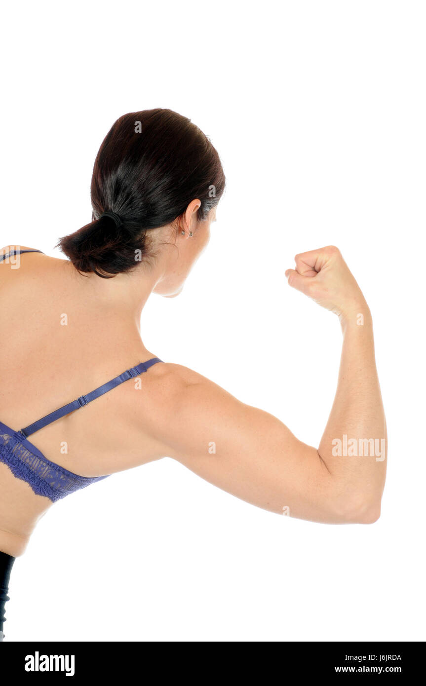Donna isolato i muscoli del braccio del pugno di donna donne belle beauteously femmina di nizza Foto Stock