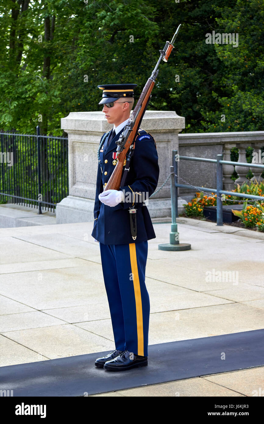 Guardia d'onore tomba sentinella di guardia presso la Tomba degli Ignoti il Cimitero di Arlington Washington DC USA Foto Stock