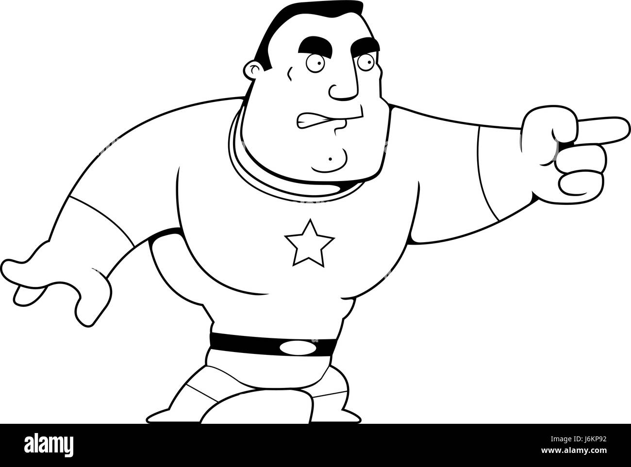 Un cartoon superhero arrabbiato e puntamento. Illustrazione Vettoriale