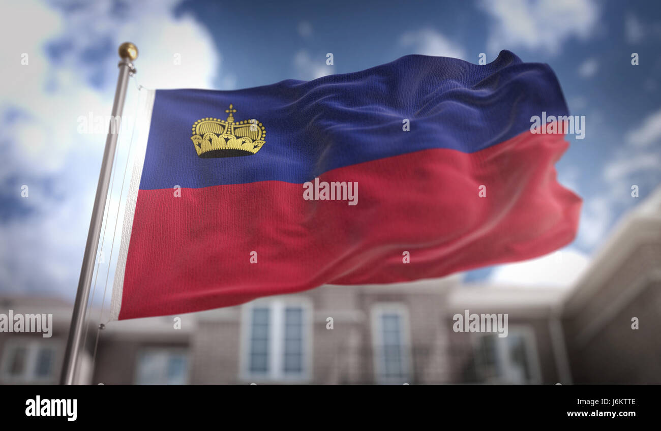 Il Liechtenstein bandiera 3D Rendering sul cielo azzurro sfondo costruzione Foto Stock