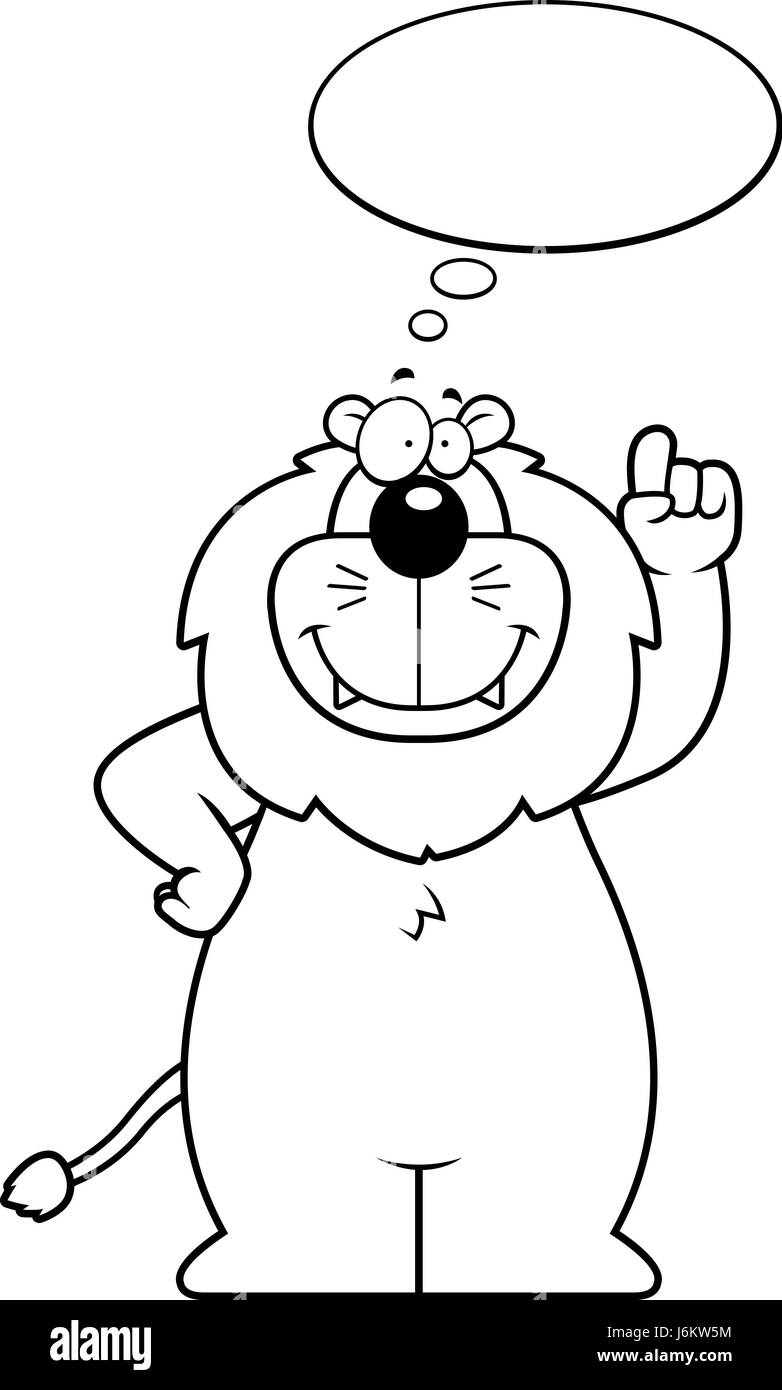 Un felice cartoon lion pensare e sorridente. Illustrazione Vettoriale