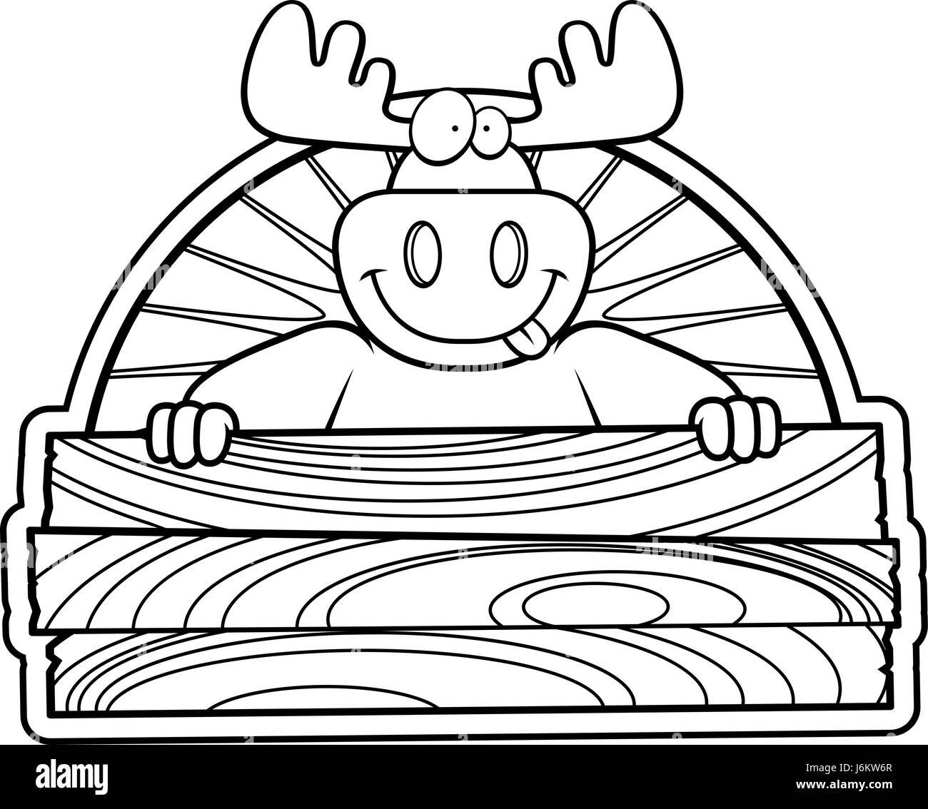 Un felice cartoon moose con un cartello in legno. Illustrazione Vettoriale