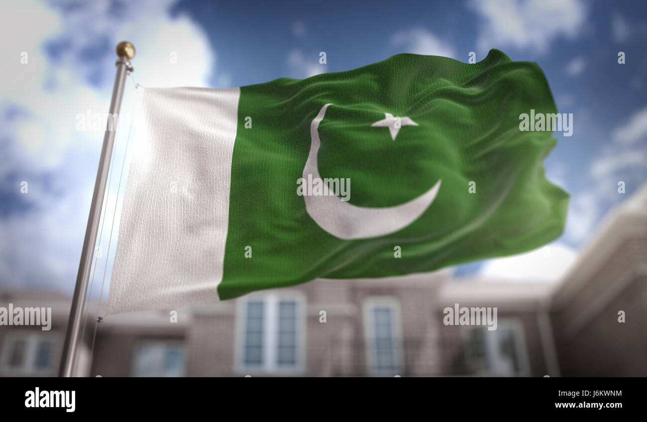 Il Pakistan bandiera 3D Rendering sul cielo azzurro sfondo costruzione Foto Stock