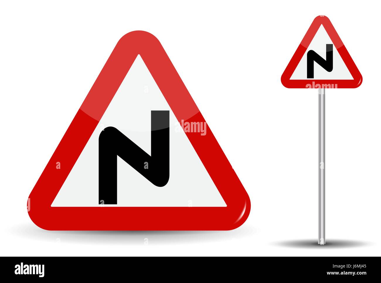 Cartello stradale di avvertimento diventa pericolosa. Nel Triangolo rosso, una linea curva è rappresentato schematicamente, denota molti giri. Illustrazione Vettoriale. Illustrazione Vettoriale