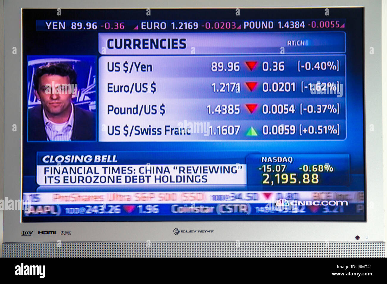 Miami Beach Florida,CNBC,Euro Financial crisis,EEU,news,valute,banca,debito,TV,televisione,schermo,piatto,cavo,canale,media,broadcast,visi Foto Stock