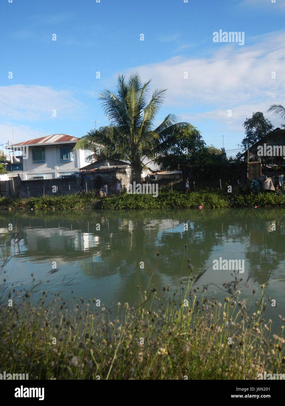 Questa immagine mostra le risaie e il sistema di irrigazione a Bagong Nayon, Baliuag, Bulacan. Le infrastrutture, compresi i ponti stradali, sostengono le attività agricole, migliorando la distribuzione idrica per la coltivazione del riso nella regione. Foto Stock