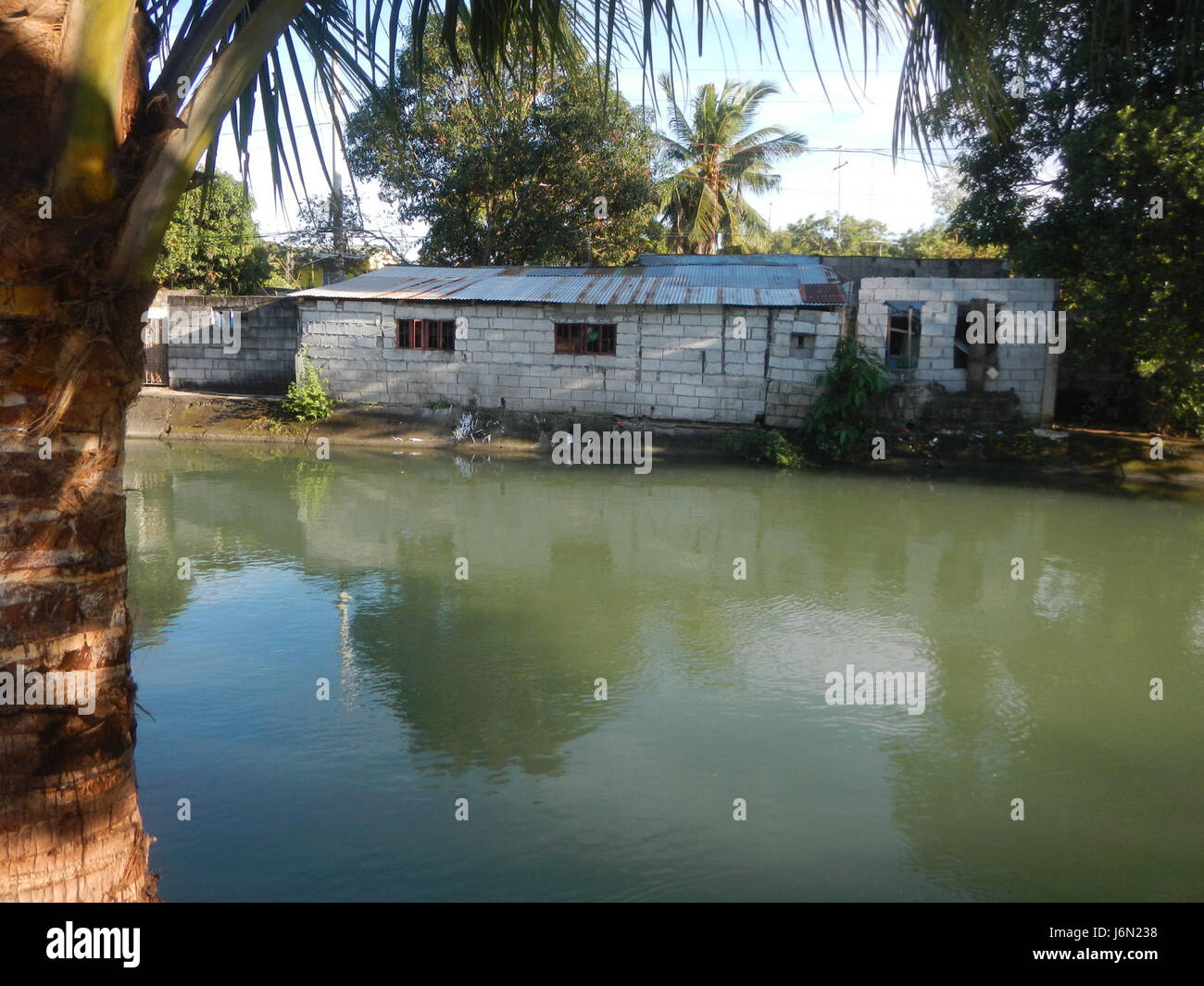 Questa immagine raffigura risaie a Bagong Nayon, Baliuag, Bulacan, che mostrano il sistema di irrigazione e i vicini ponti stradali, essenziali per l'agricoltura e i trasporti locali. Foto Stock