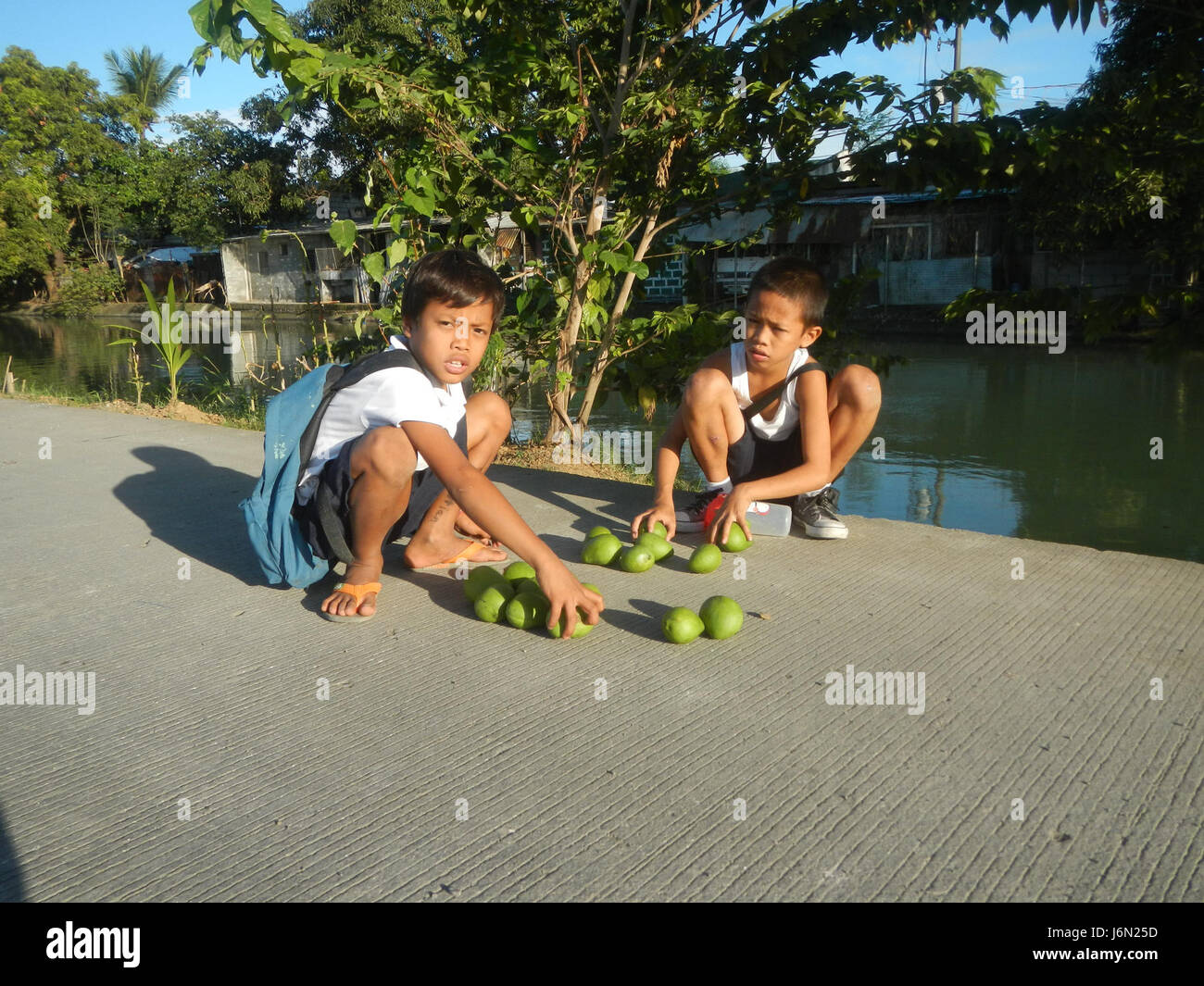 L'immagine cattura il paesaggio rurale di Sabang, Baliuag a Bulacan, con risaie, praterie, alberi, e case tradizionali, con sistemi di irrigazione e ponti stradali che valorizzano l'area agricola. Foto Stock