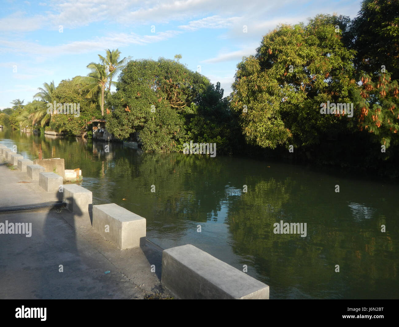 L'immagine cattura il paesaggio rurale di Sabang, Baliuag, Bulacan, con risaie, praterie, e case circondate da alberi. La scena include ponti stradali che supportano il trasporto e l'irrigazione, vitali per la comunità agricola locale. Foto Stock