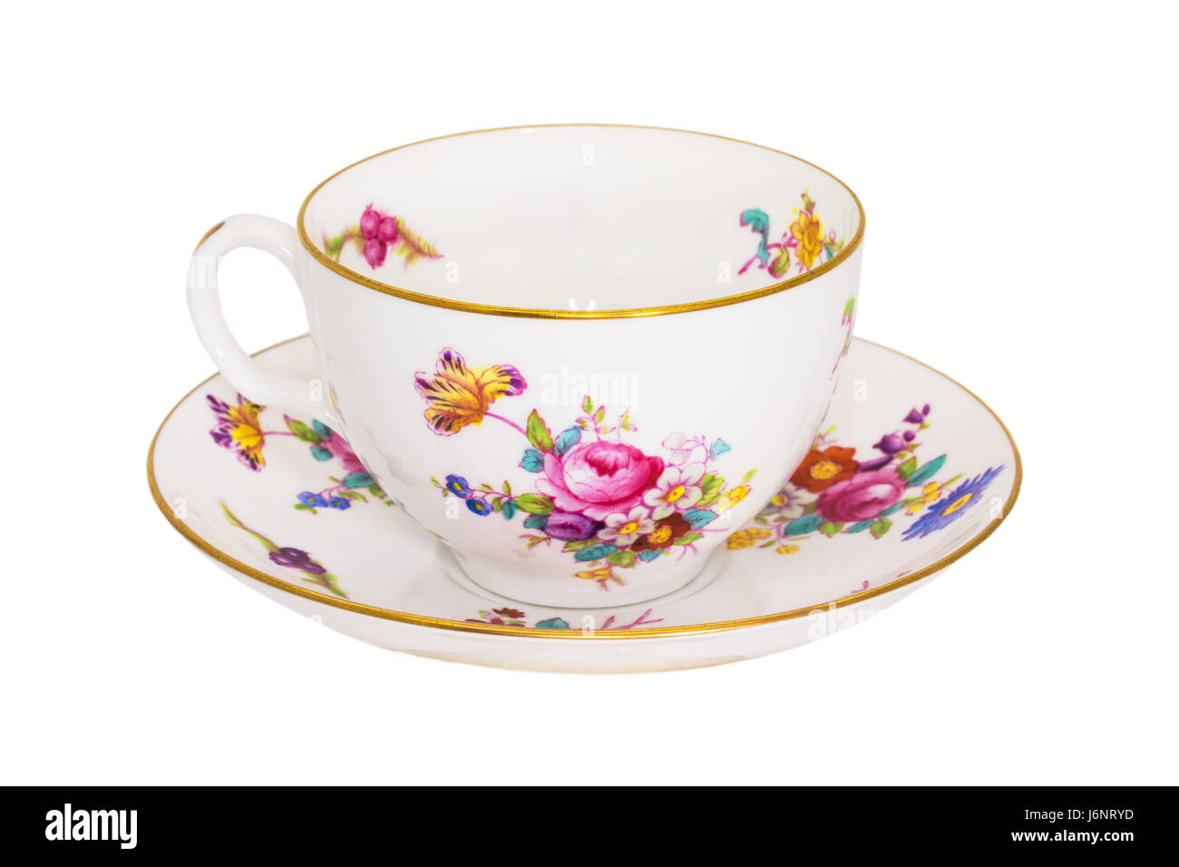 Vintage belle cina tazza da caffè con piattino isolato su bianco. Foto Stock