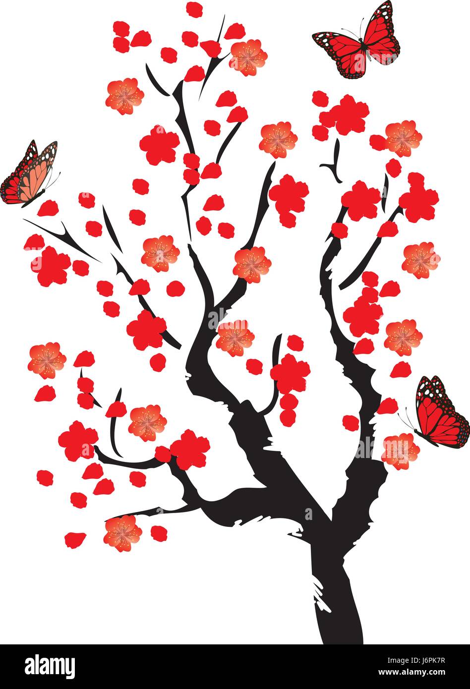 Illustrazione vettoriale di un fiore di ciliegio albero con farfalle Illustrazione Vettoriale