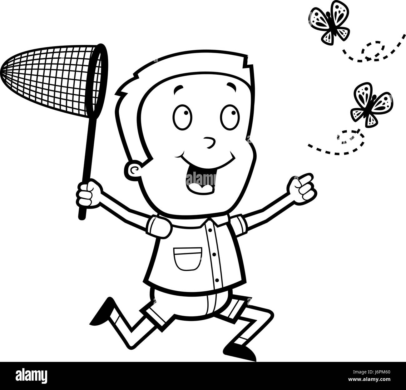 Un felice cartoon boy a caccia di farfalle con un net. Illustrazione Vettoriale